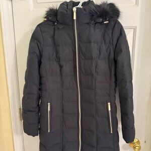 Michael Kors Black Down Hooded Long Puffer Coat Faux Fur Trim Gold Hardware Sz M